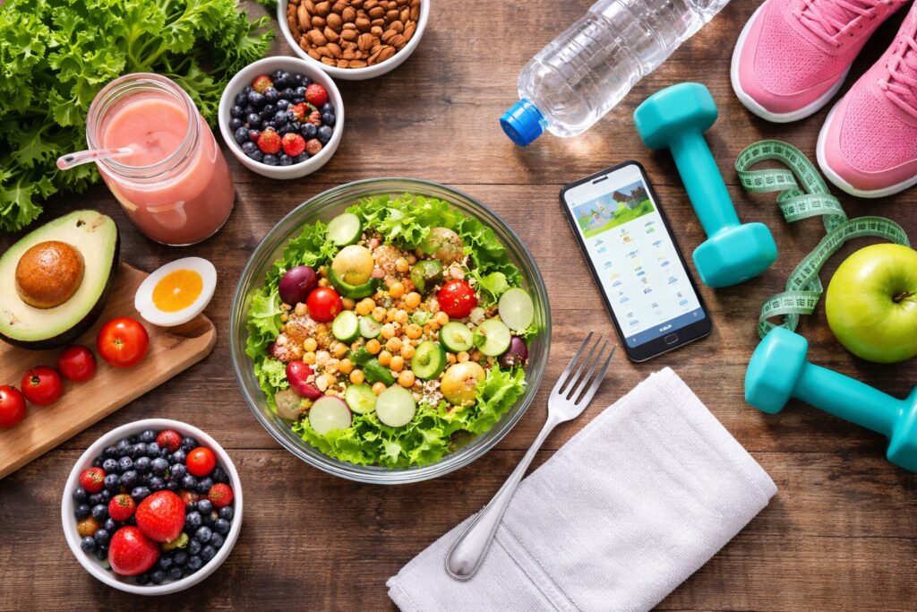 A top-down view of a healthy lifestyle setup including a fresh chickpea salad, dumbbells, running shoes, a fitness tracking phone, and bowls of berries and nuts.